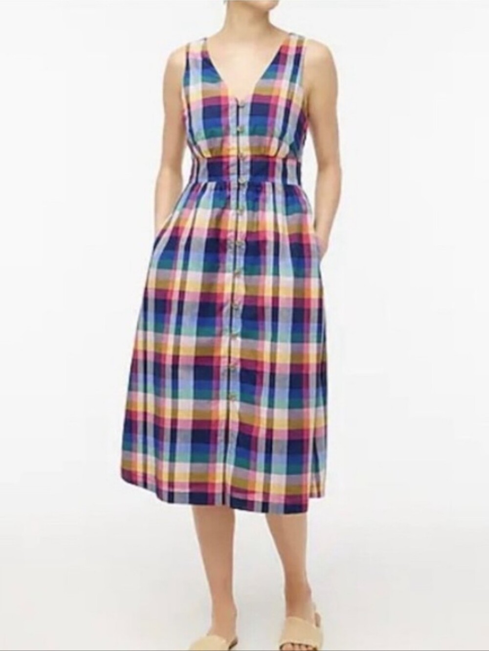 J.Crew Factory Plaid Midi V-neck Sleeveless Dress Coastal Classic Preppy Sz 0